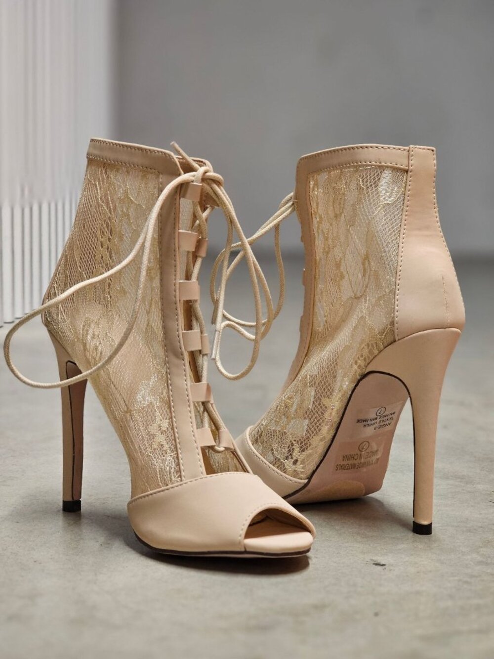 Peep Toe Lace-Up Stiletto Booties With Sheer Lace Panels Nude Beige High Heel An